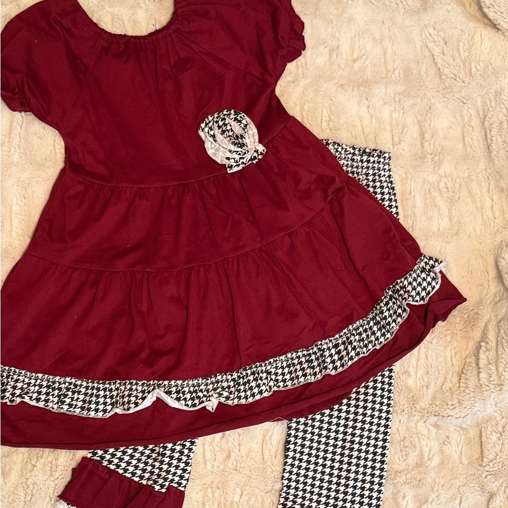 Red Dress with Houndstooth Leggings